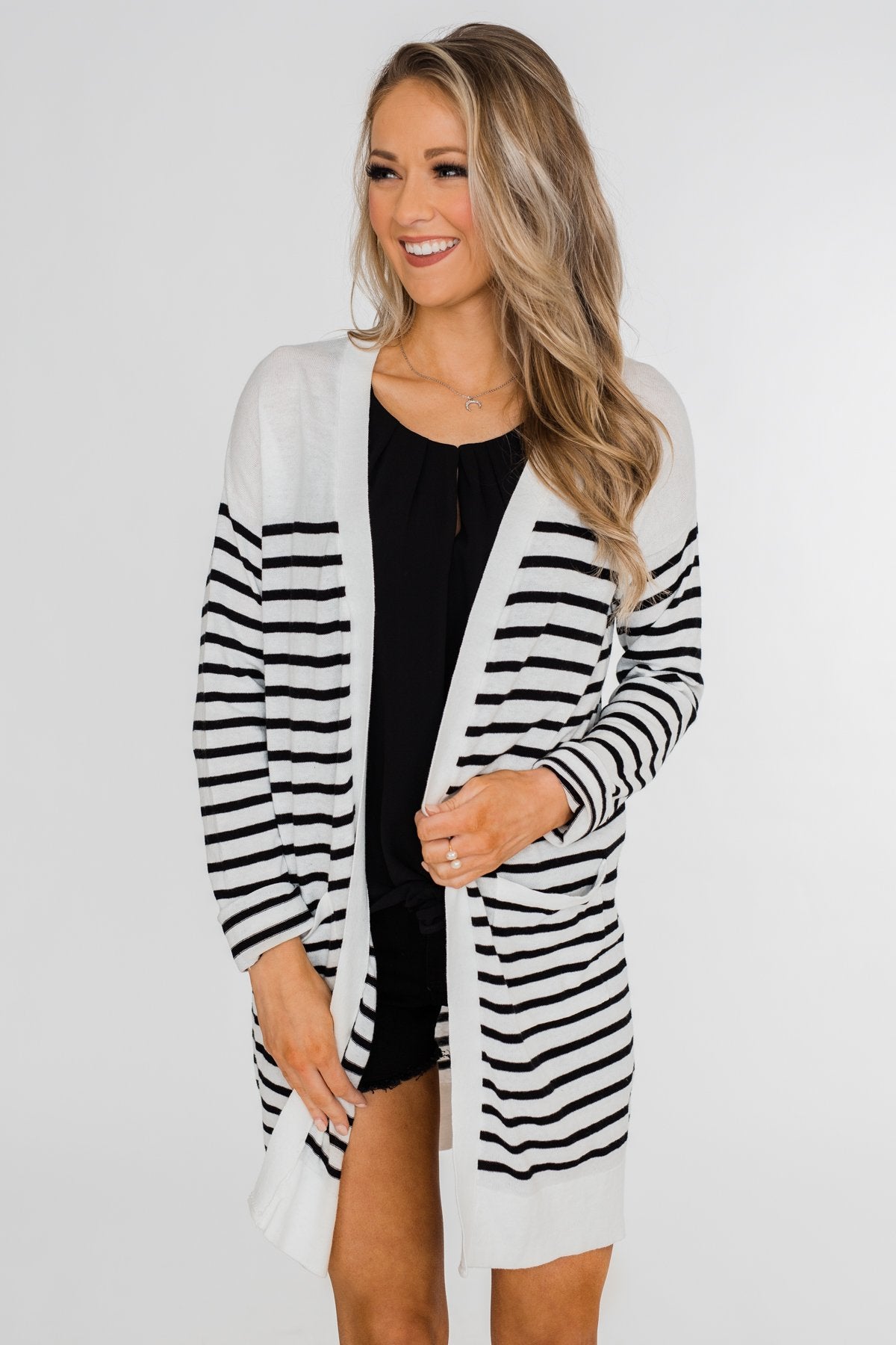 Long Striped Cardigan- Off White & Black – The Pulse Boutique