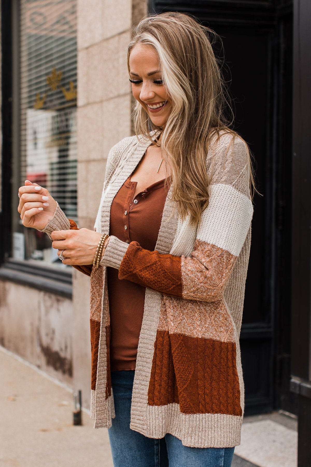 Hold Me Close Knit Cardigan Light Taupe Rust The Pulse Boutique