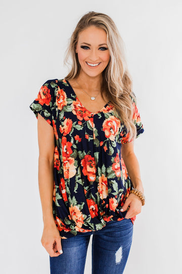 Flirty & Thriving Short Sleeve Floral Top- Deep Navy – The Pulse Boutique