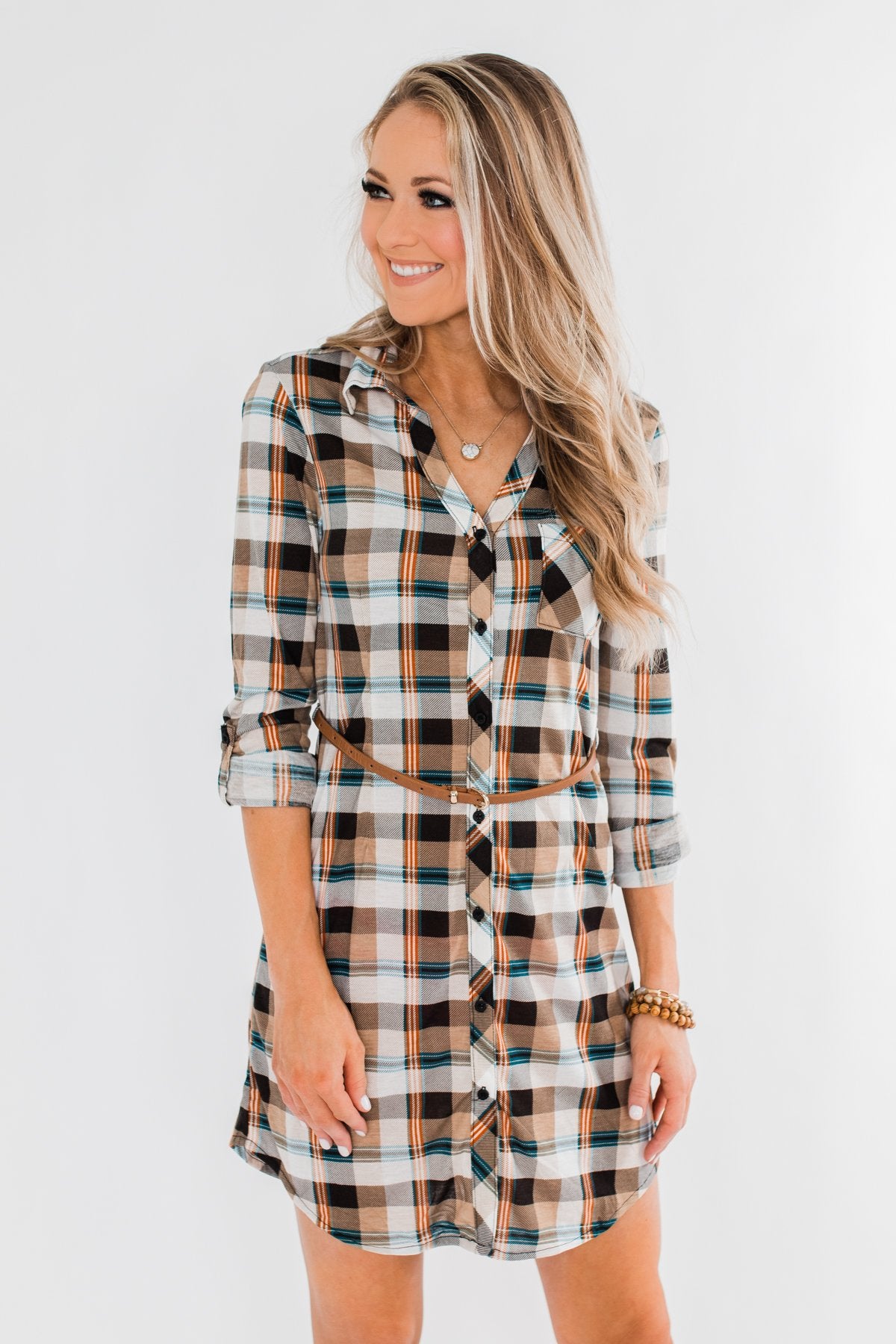 Working It Flannel Button Dress- Ivory & Brown – The Pulse Boutique