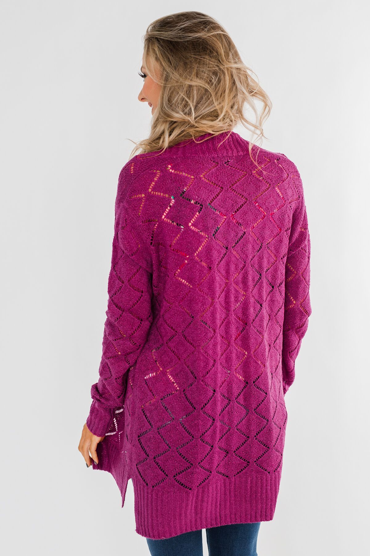 Knit Pointelle Cardigan- Magenta – The Pulse Boutique