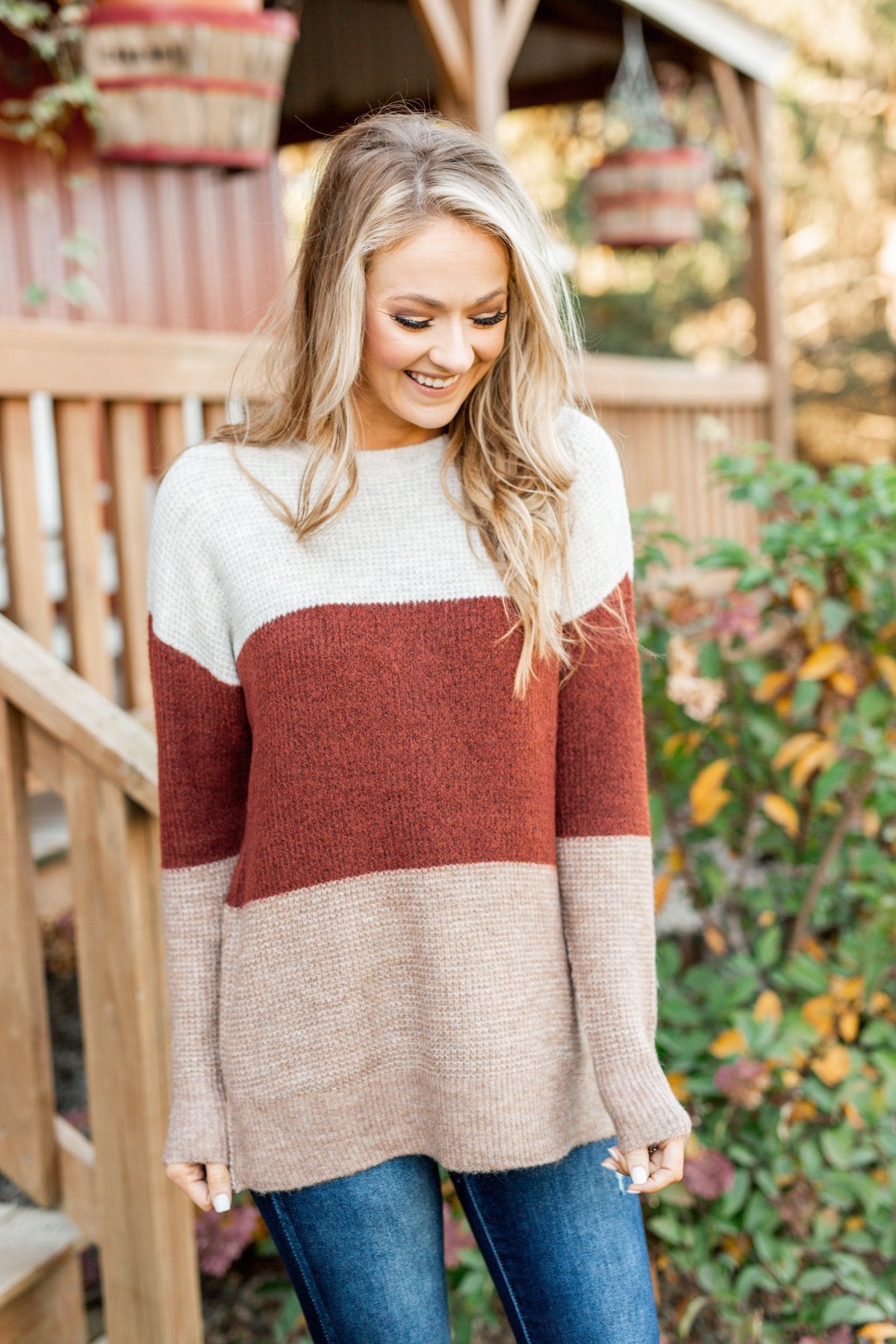 All Things Charming Colorblock Sweater- Oatmeal, Rust, Mocha – The ...