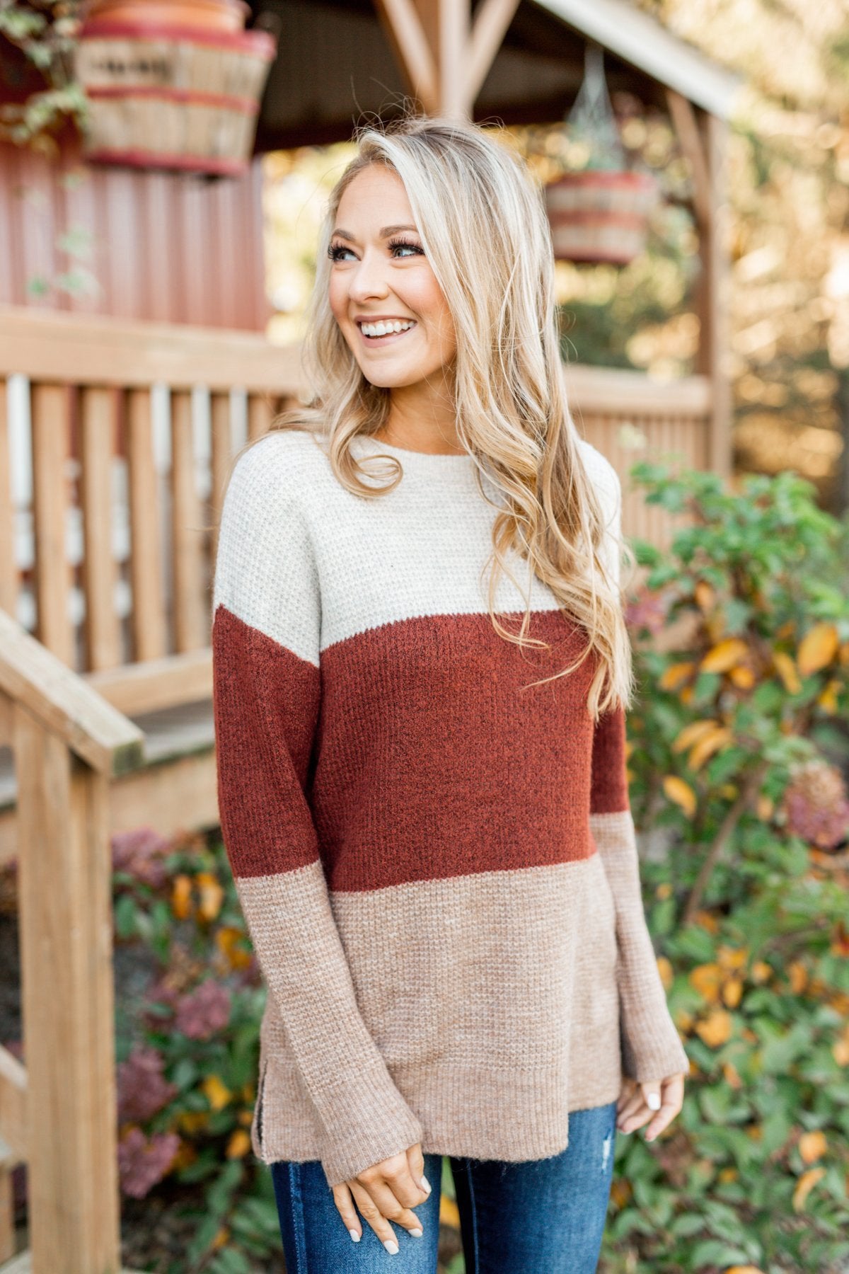 All Things Charming Colorblock Sweater- Oatmeal, Rust, Mocha – The ...