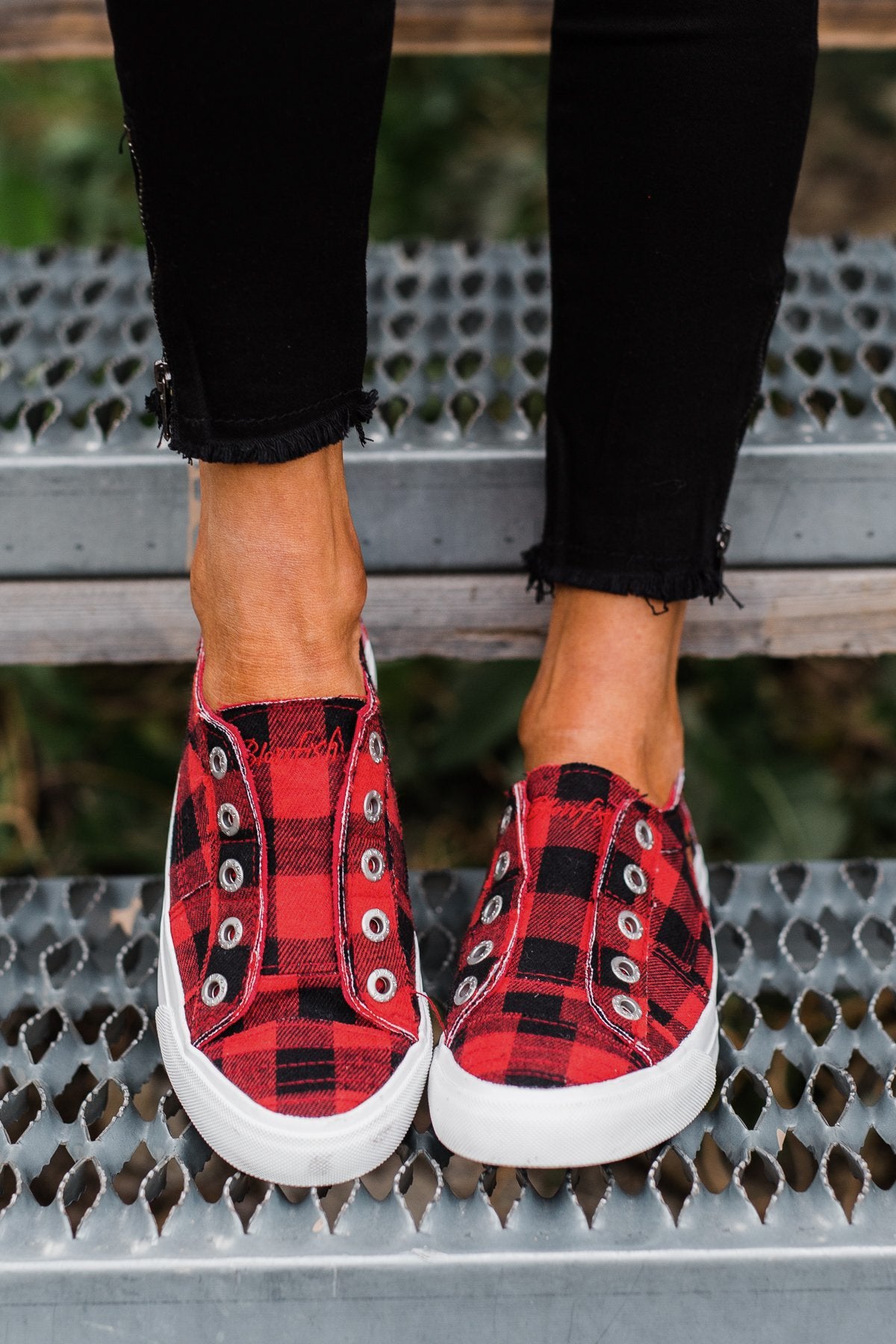 red plaid shoes
