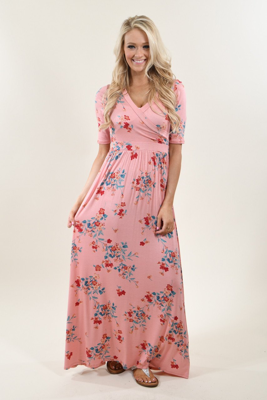 Light Pink Floral Maxi Dress Light Pink Lace Accent Chiffon Maxi Dress Party Dresses 0236