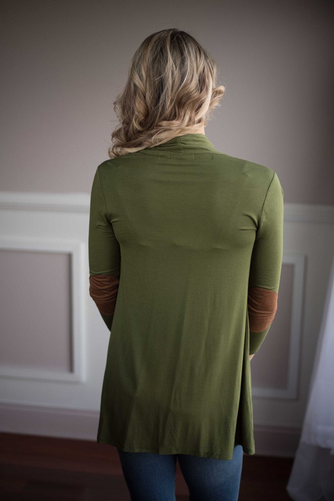 Green cardigan with elbow patches around eye hobart