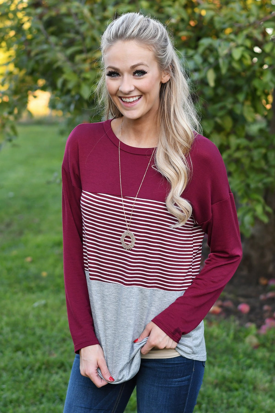 Burgundy Striped Colorblock top – The Pulse Boutique