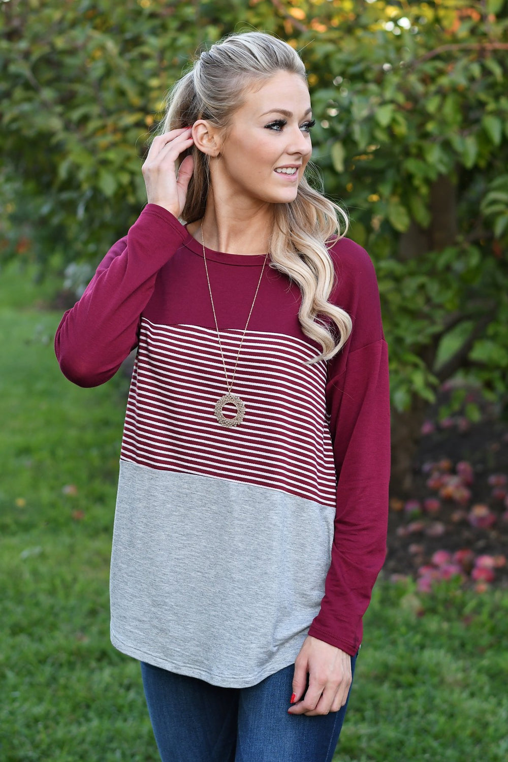 Burgundy Striped Colorblock top – The Pulse Boutique