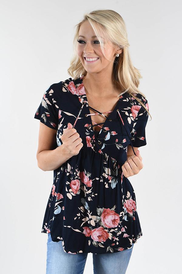 Favorite Lace Up Top ~ Floral Navy – The Pulse Boutique