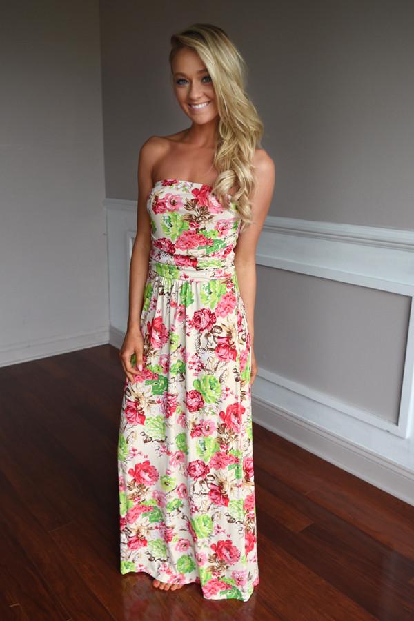 Cream Pink & Green Floral Maxi Dress – The Pulse Boutique