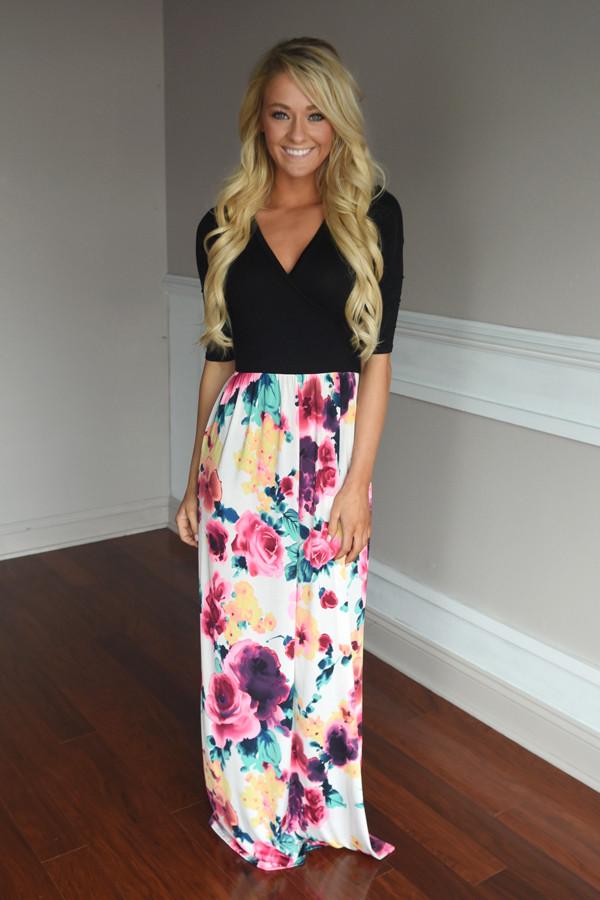 black top floral bottom maxi dress