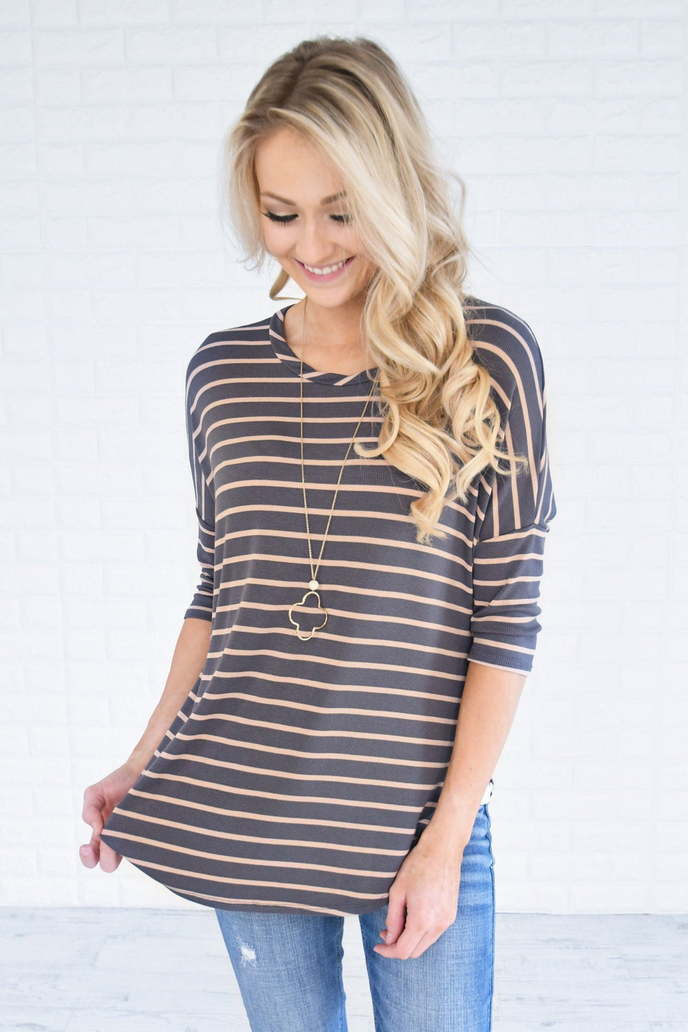 Charcoal & Tan Striped Top – The Pulse Boutique