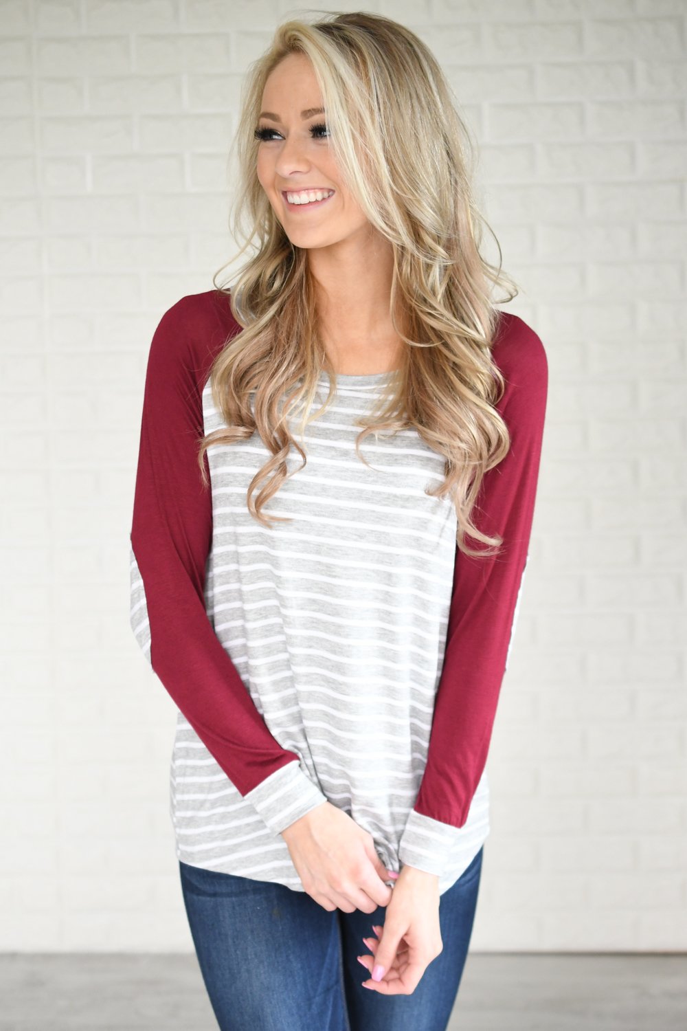 Maroon Striped Elbow Patch Top – The Pulse Boutique