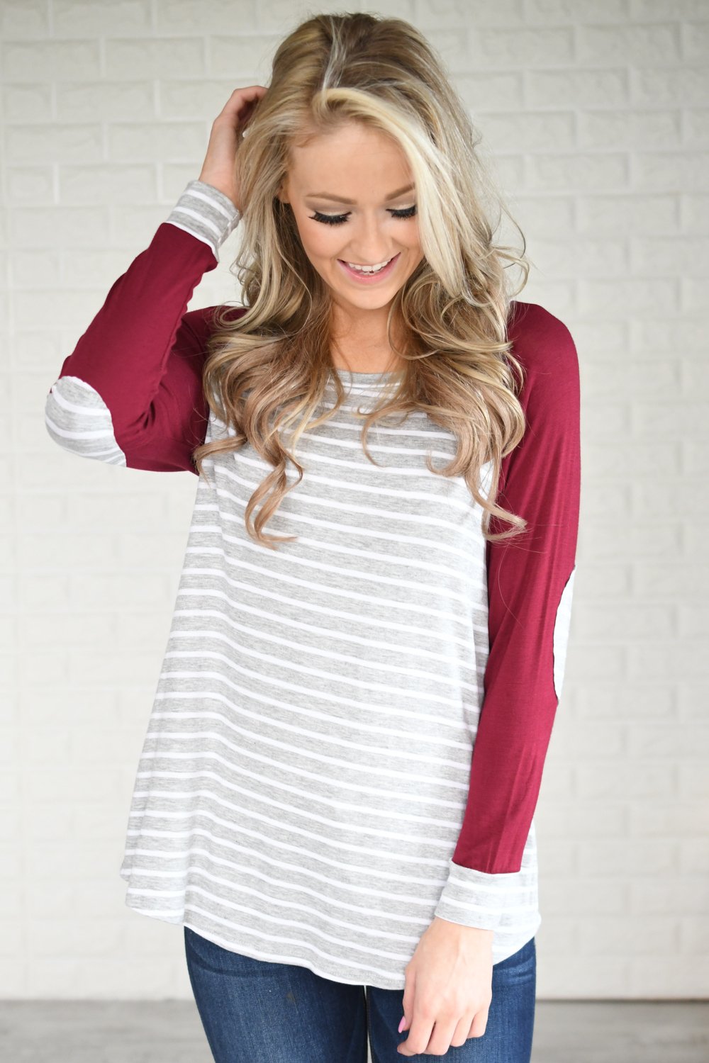 Maroon Striped Elbow Patch Top – The Pulse Boutique