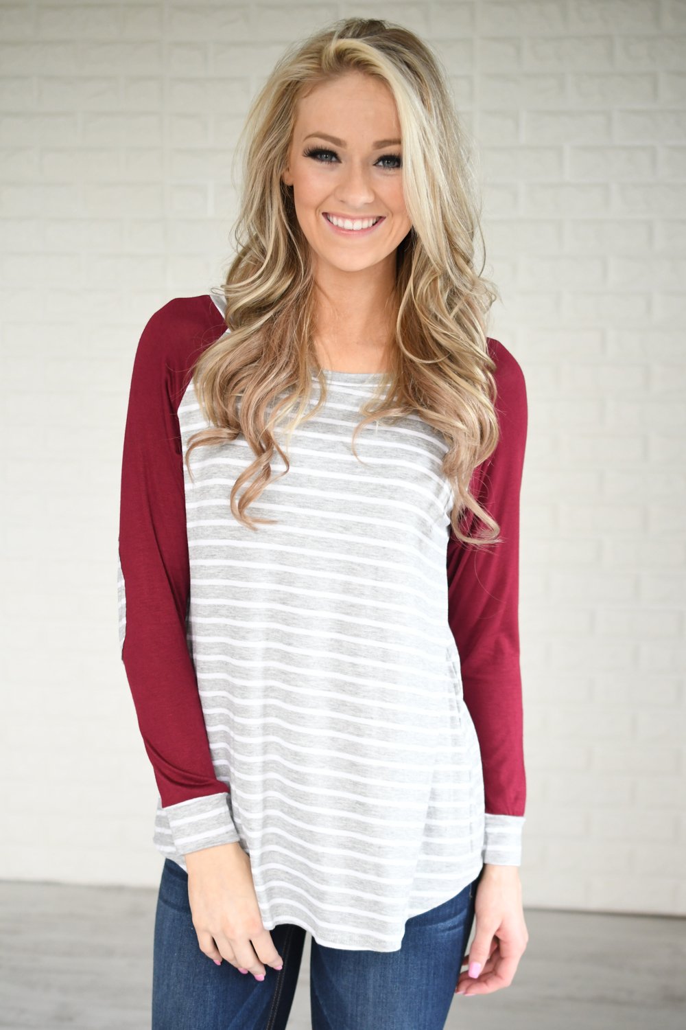 Maroon Striped Elbow Patch Top – The Pulse Boutique