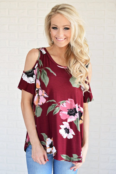 Forever Floral Cold Shoulder Top ~ Burgundy – The Pulse Boutique