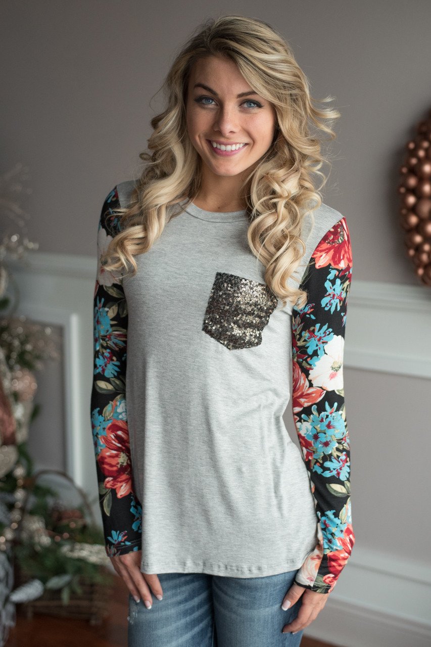 Floral Glam Top ~ Grey – The Pulse Boutique