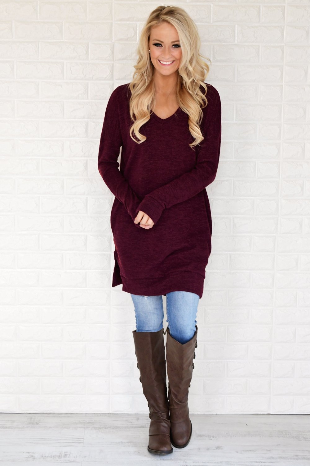Burgundy V-Neck Tunic Top – The Pulse Boutique