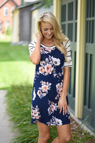 Striped & Floral Dress - Navy – The Pulse Boutique