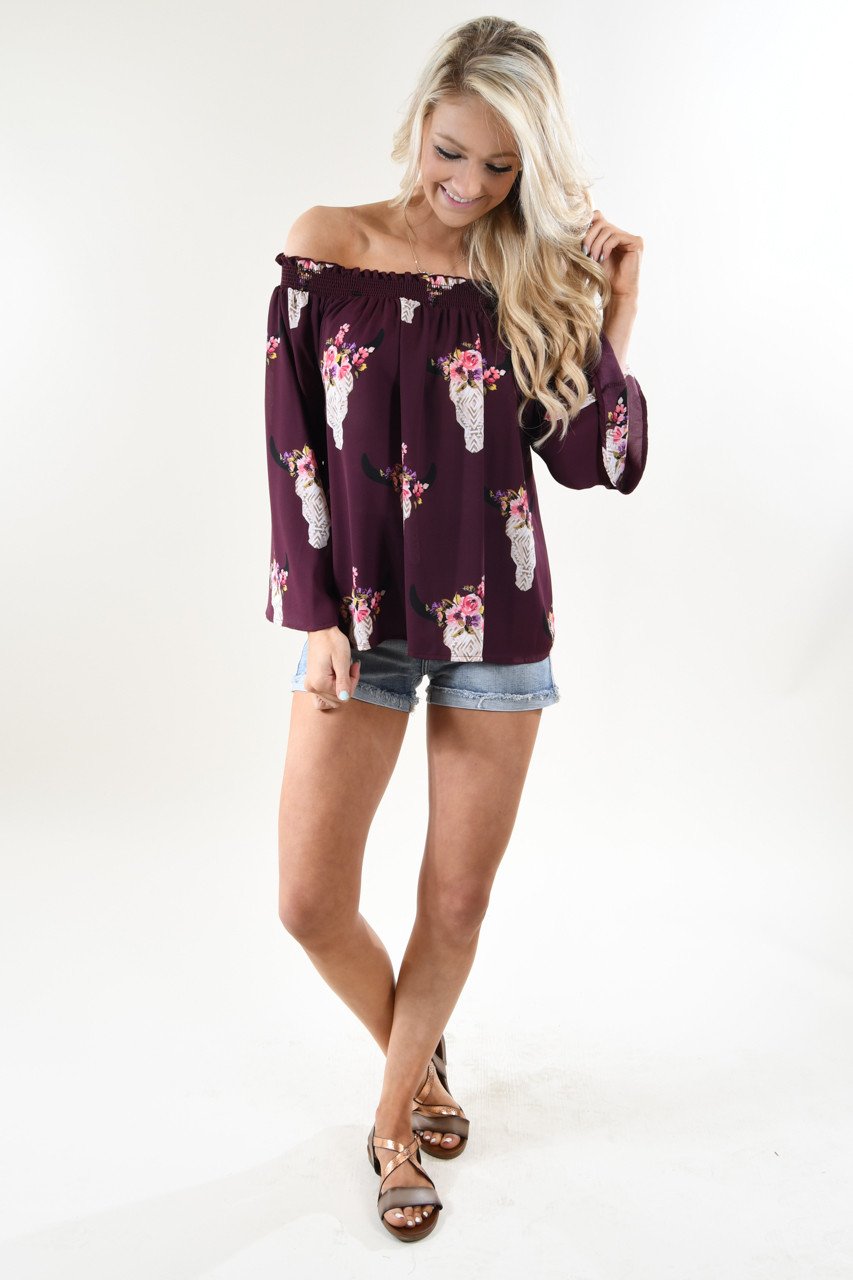 Deep Purple Floral Skull Off the Shoulder Top – The Pulse Boutique