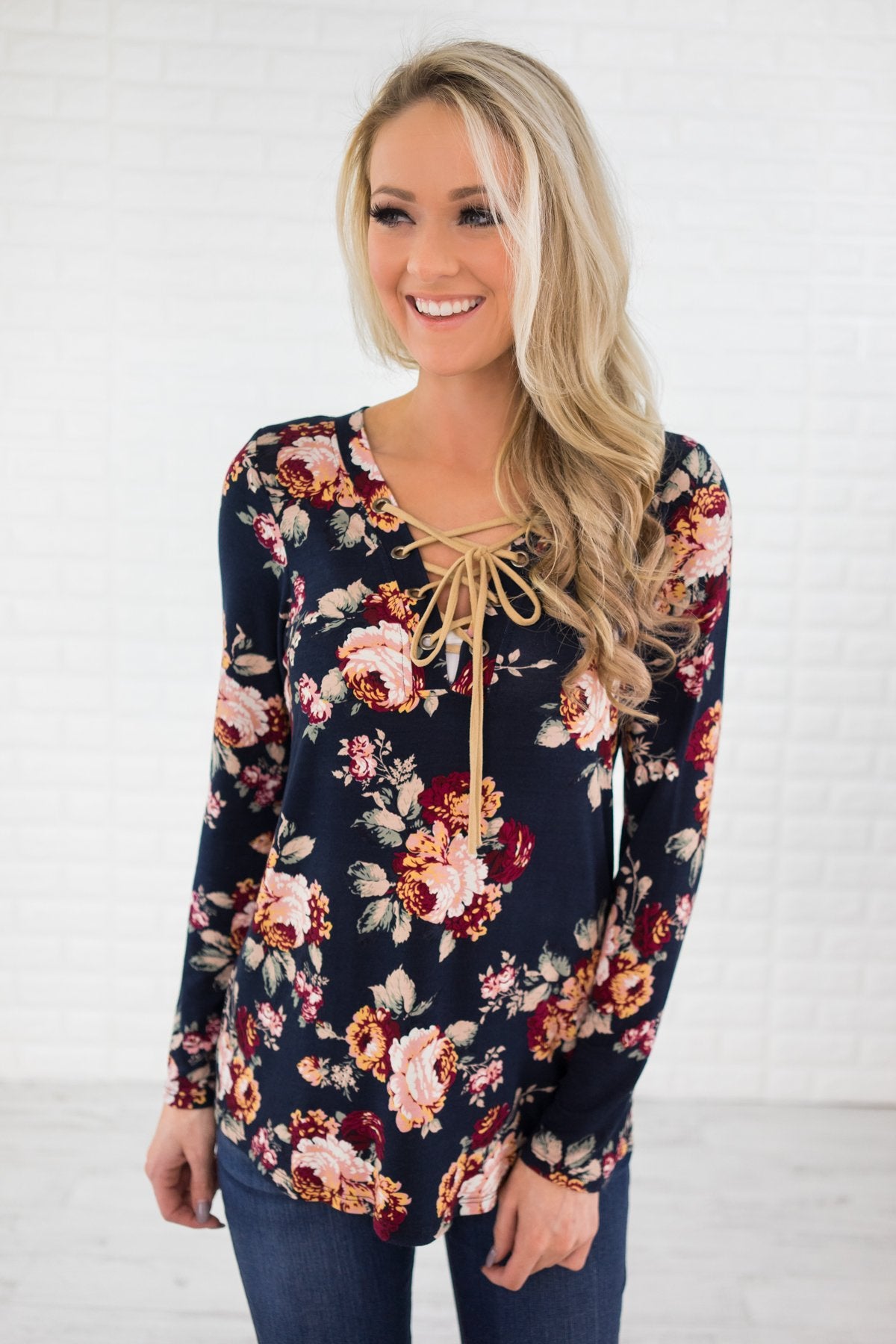 Long Sleeve Navy Floral Lace Up Top – The Pulse Boutique