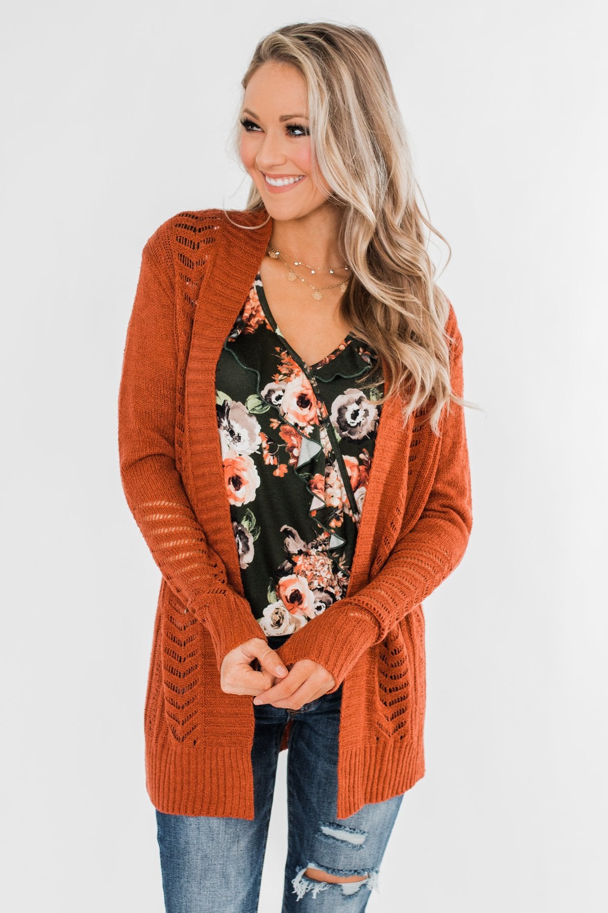 Open Front Pointelle Cardigan- Rust – The Pulse Boutique