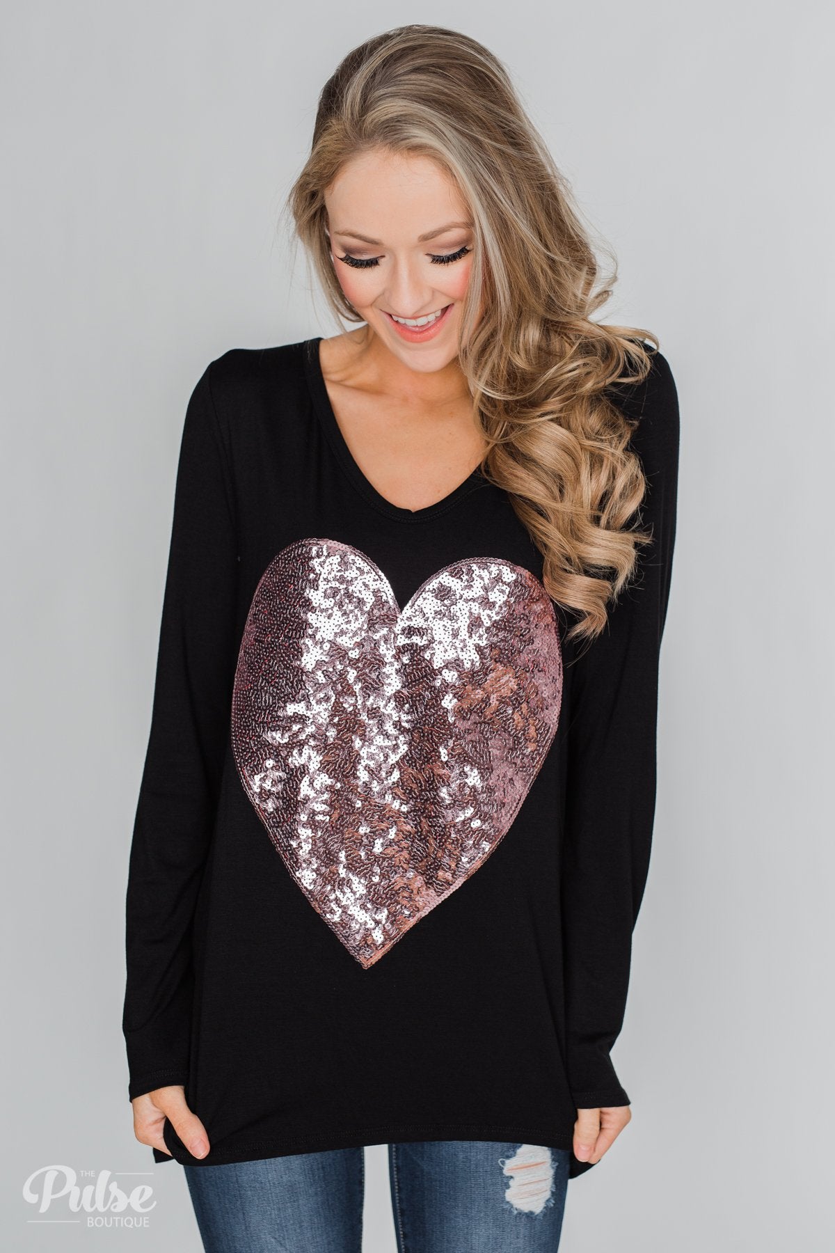 Heart of Sequins Long Sleeve Top- Black – The Pulse Boutique