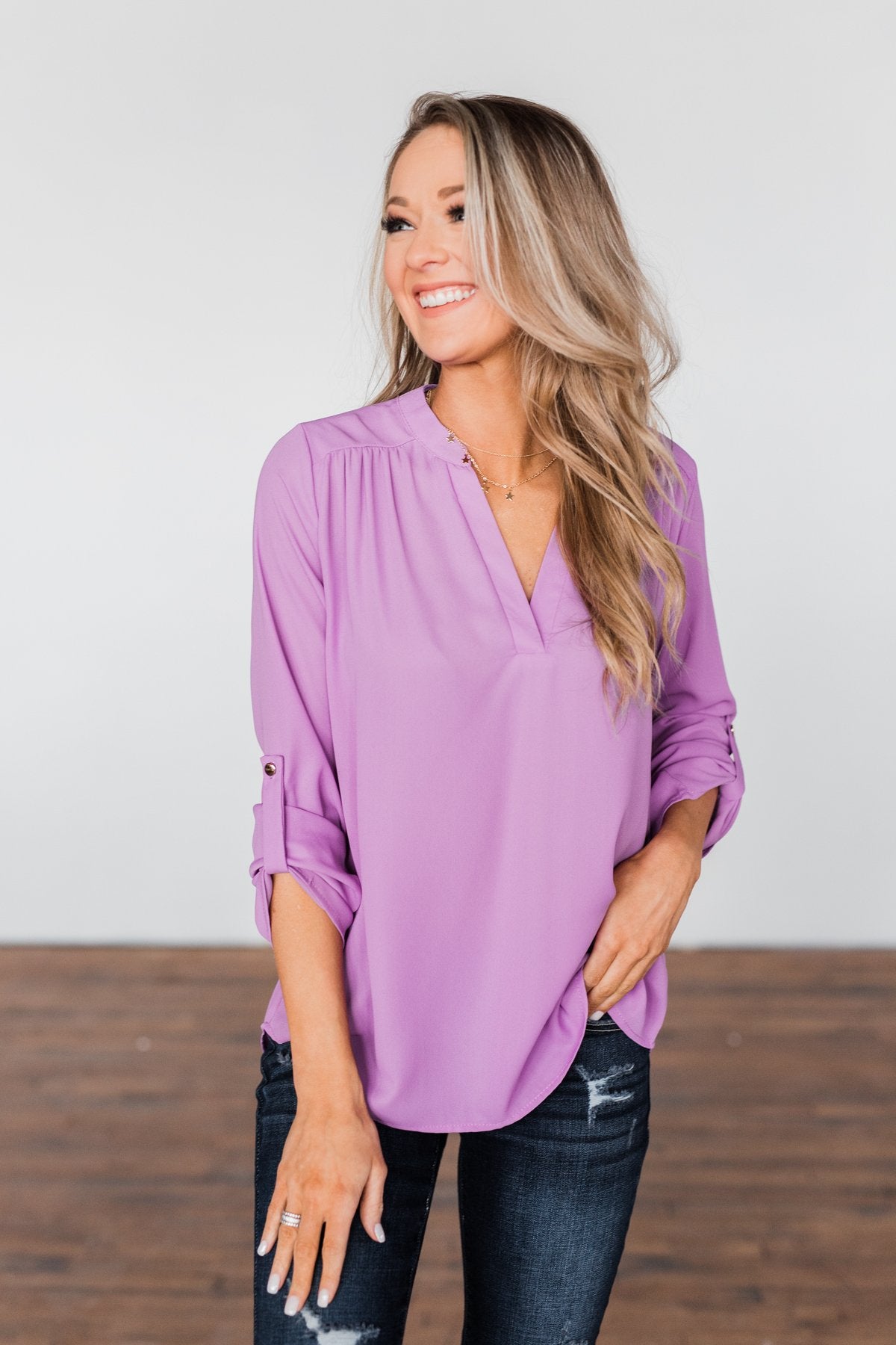 You Can Tell Me V-Neck Blouse- Purple – The Pulse Boutique
