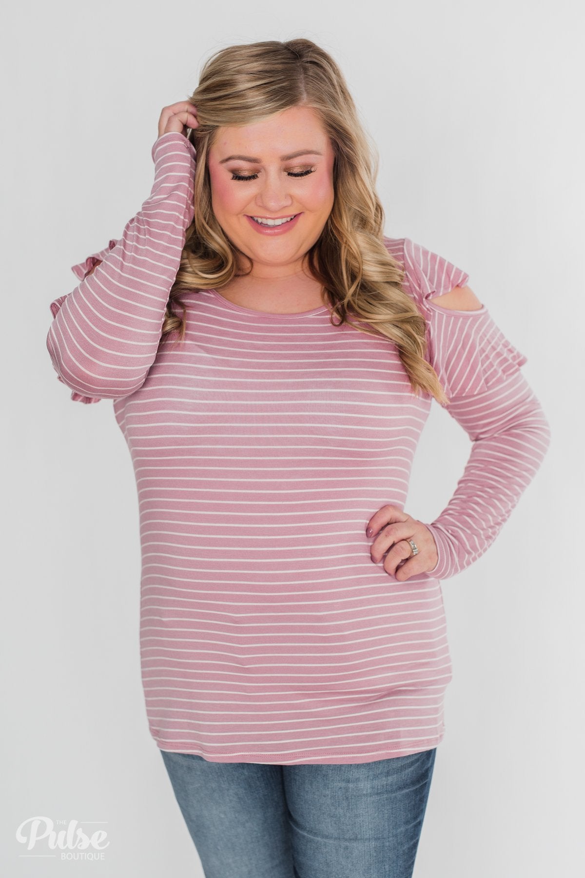 Striped Cold Shoulder Ruffle Top- Dusty Pink – The Pulse Boutique