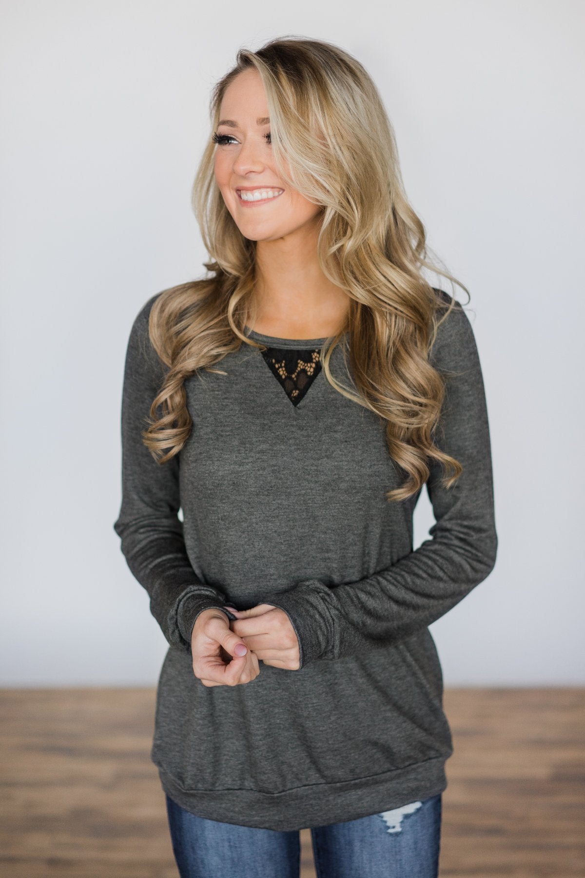 Trace of Lace Long Sleeve Top- Charcoal – The Pulse Boutique