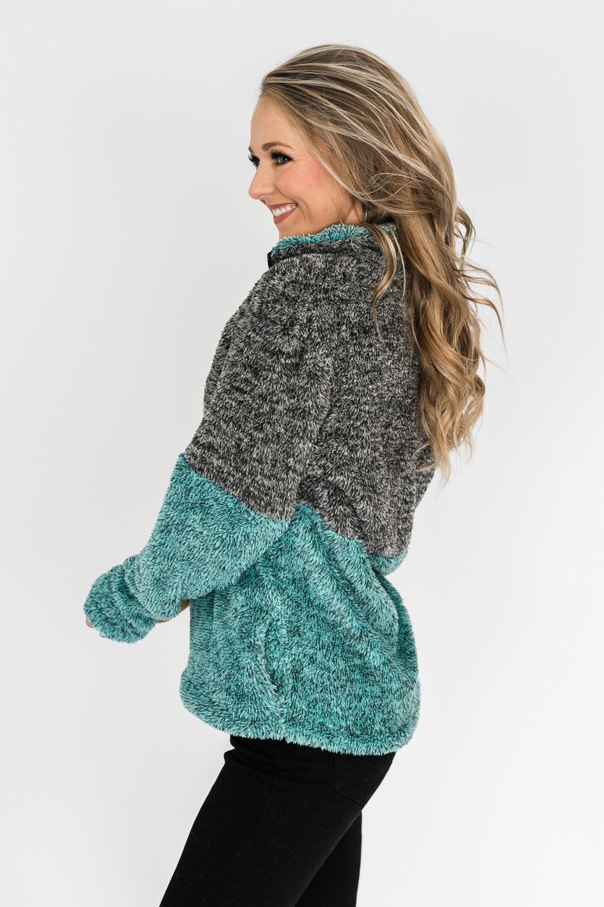 Adjustable Band Color Block Sherpa- Charcoal & Turquoise – The Pulse ...