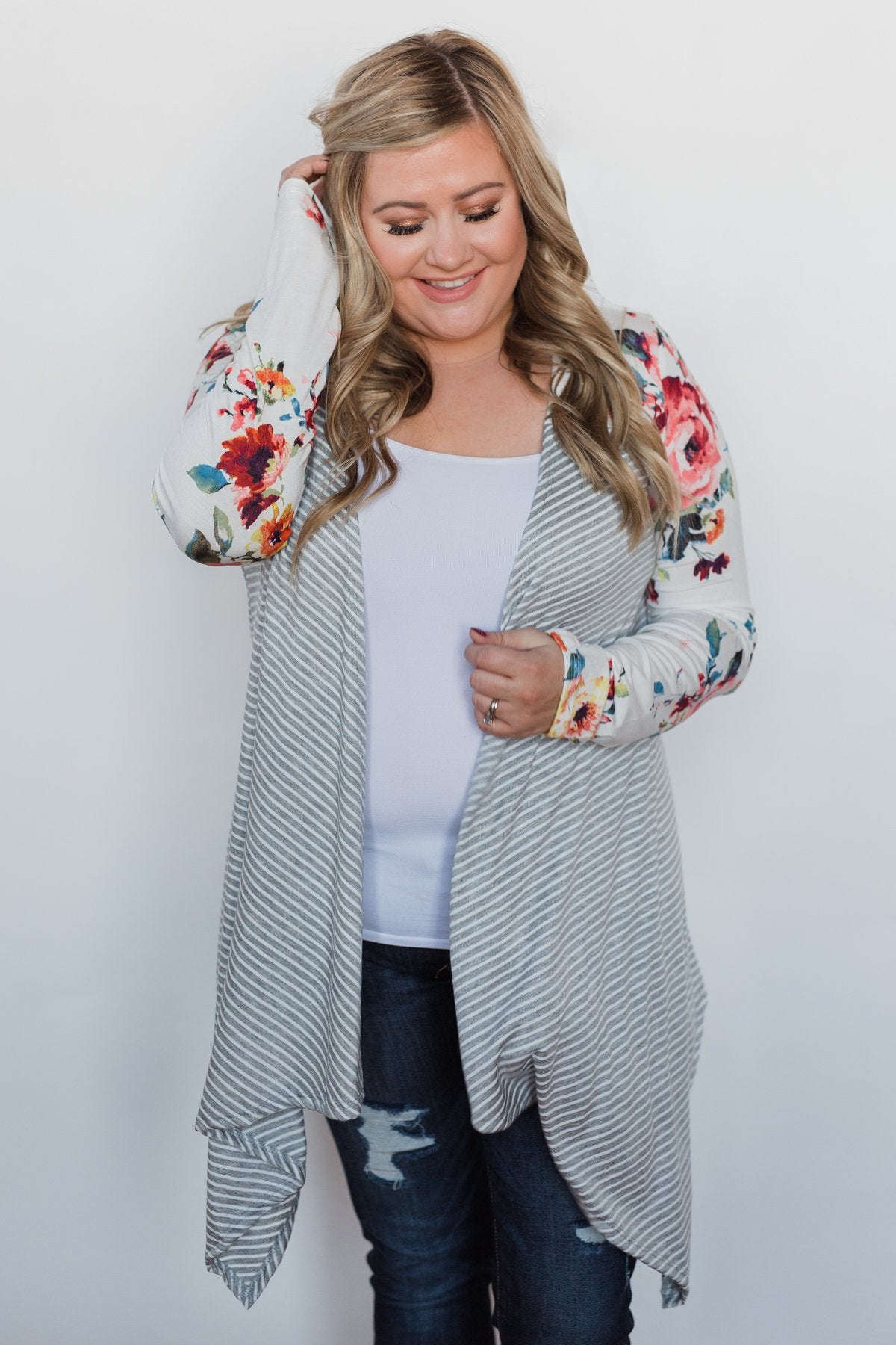 Easy Breeze Floral & Striped Cardigan- Ivory & Grey – The Pulse Boutique