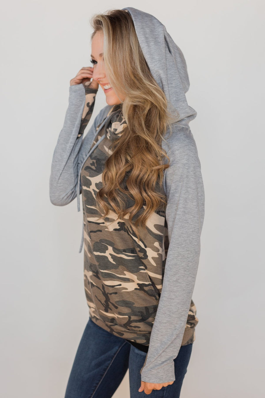 For the Love of Camo Cowl Neck Hoodie- Heather Grey – The Pulse Boutique