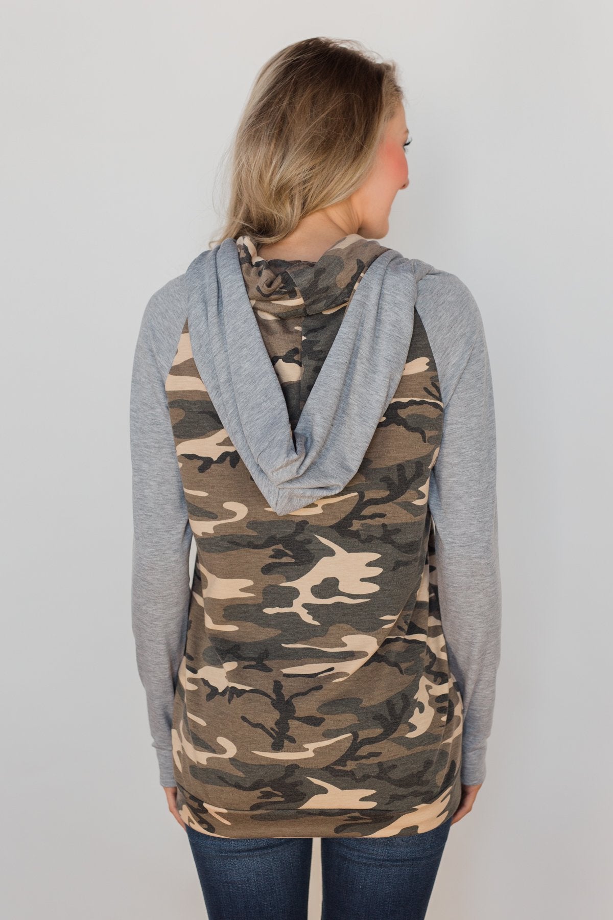 For the Love of Camo Cowl Neck Hoodie- Heather Grey – The Pulse Boutique