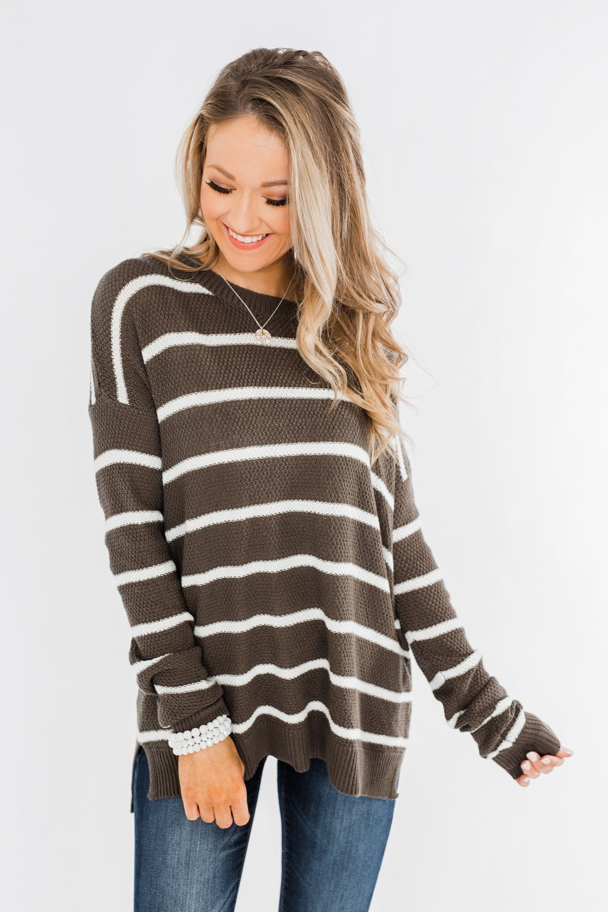 No Such Thing Striped Sweater- Charcoal Green – The Pulse Boutique