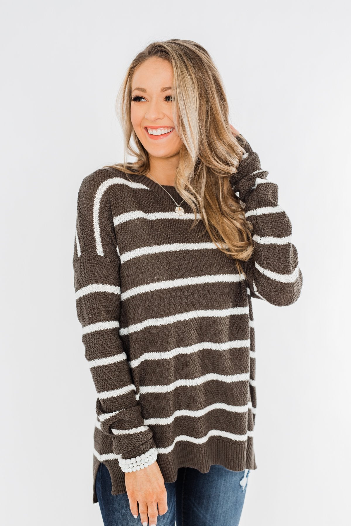 No Such Thing Striped Sweater- Charcoal Green – The Pulse Boutique