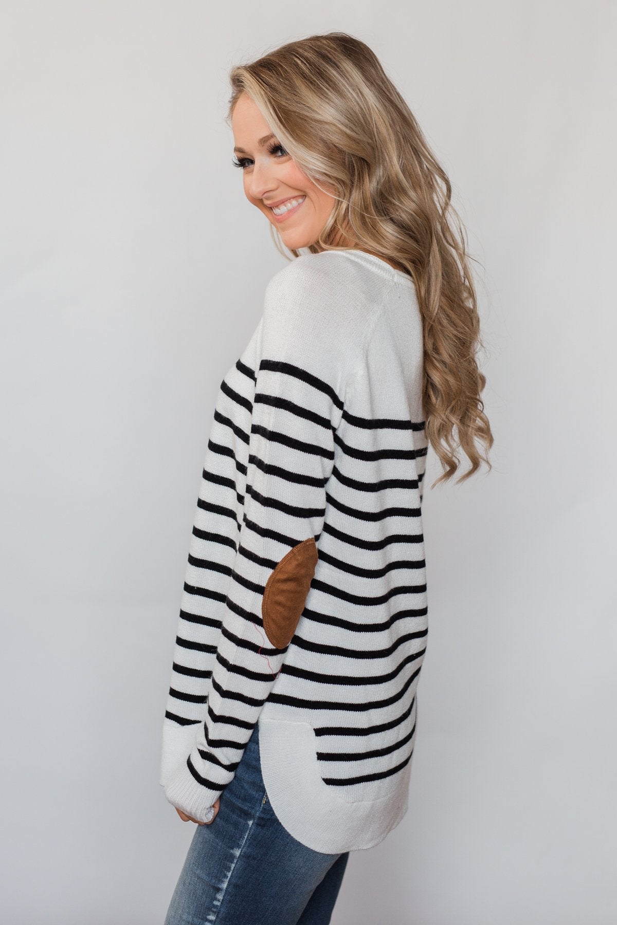 Cozy in Stripes Elbow Patch Sweater - Black & White – The Pulse Boutique