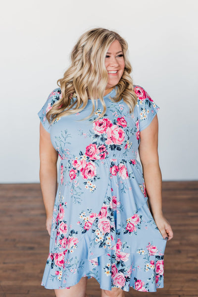 Enchanted Gardens Floral & Ruffle Dress- Baby Blue – The Pulse Boutique