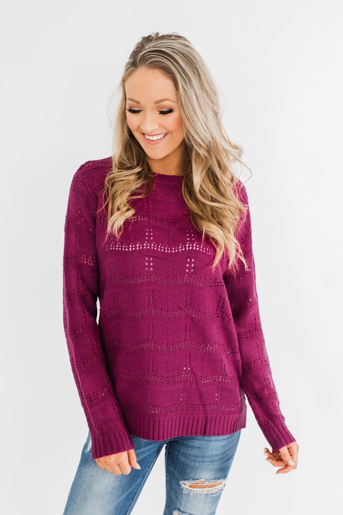 Royal Harmony Open Knit Sweater- Deep Magenta – The Pulse Boutique