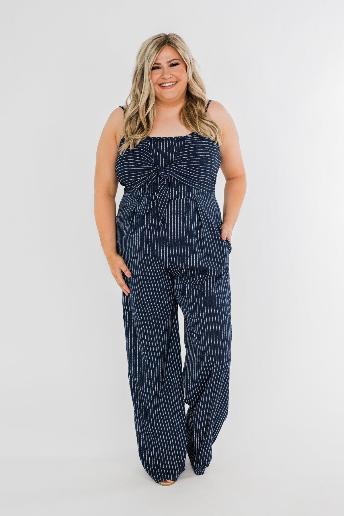 You Found Me Striped Jumpsuit- Navy – The Pulse Boutique