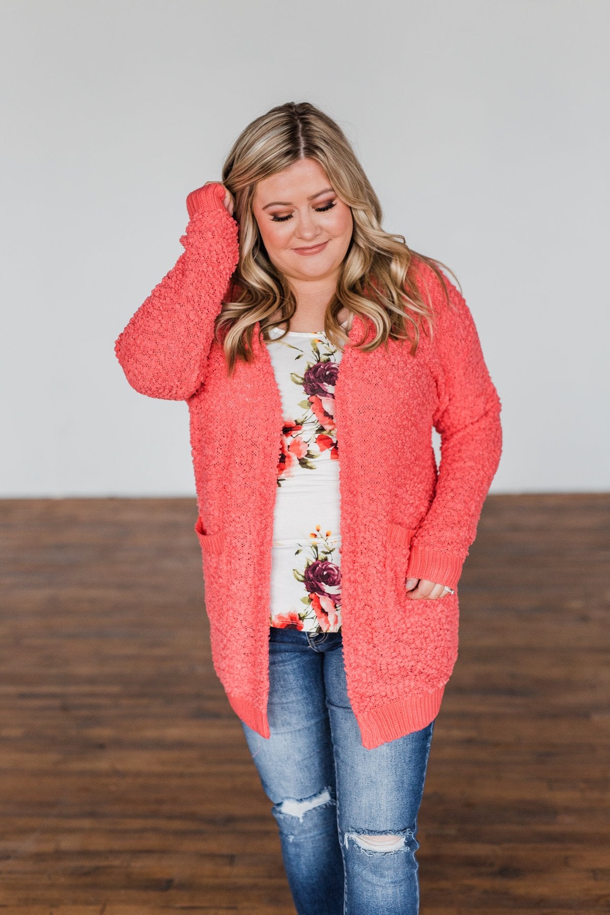 Stealing Glances Popcorn Knit Cardigan- Coral – The Pulse Boutique