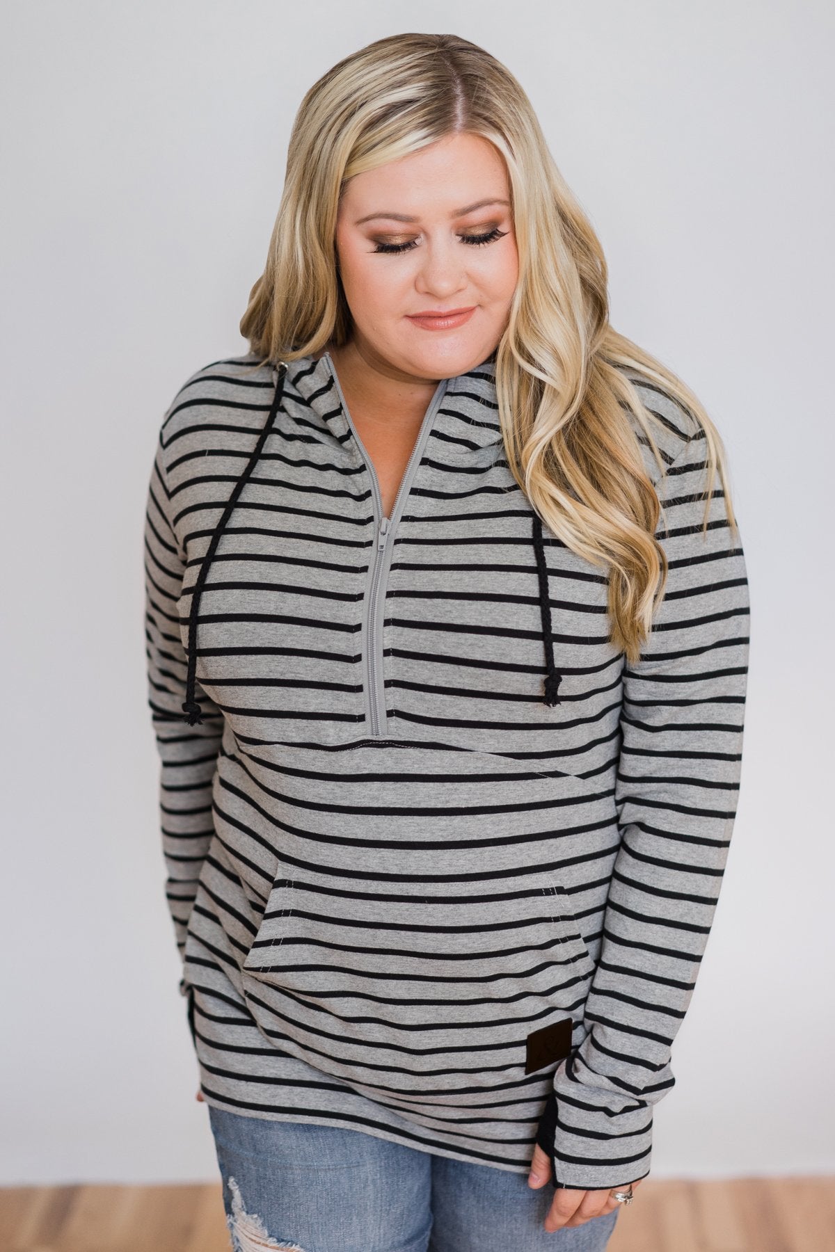 Half Zip Ampersand Hoodie- Grey and Black Striped – The Pulse Boutique