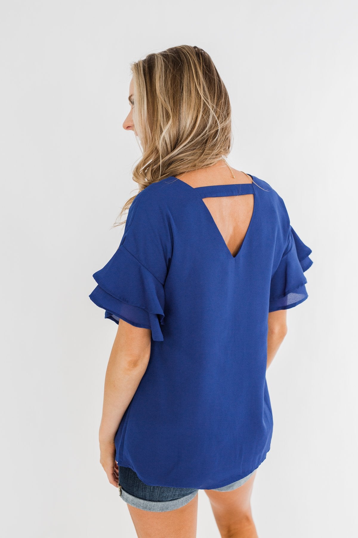 blue ruffle sleeve top