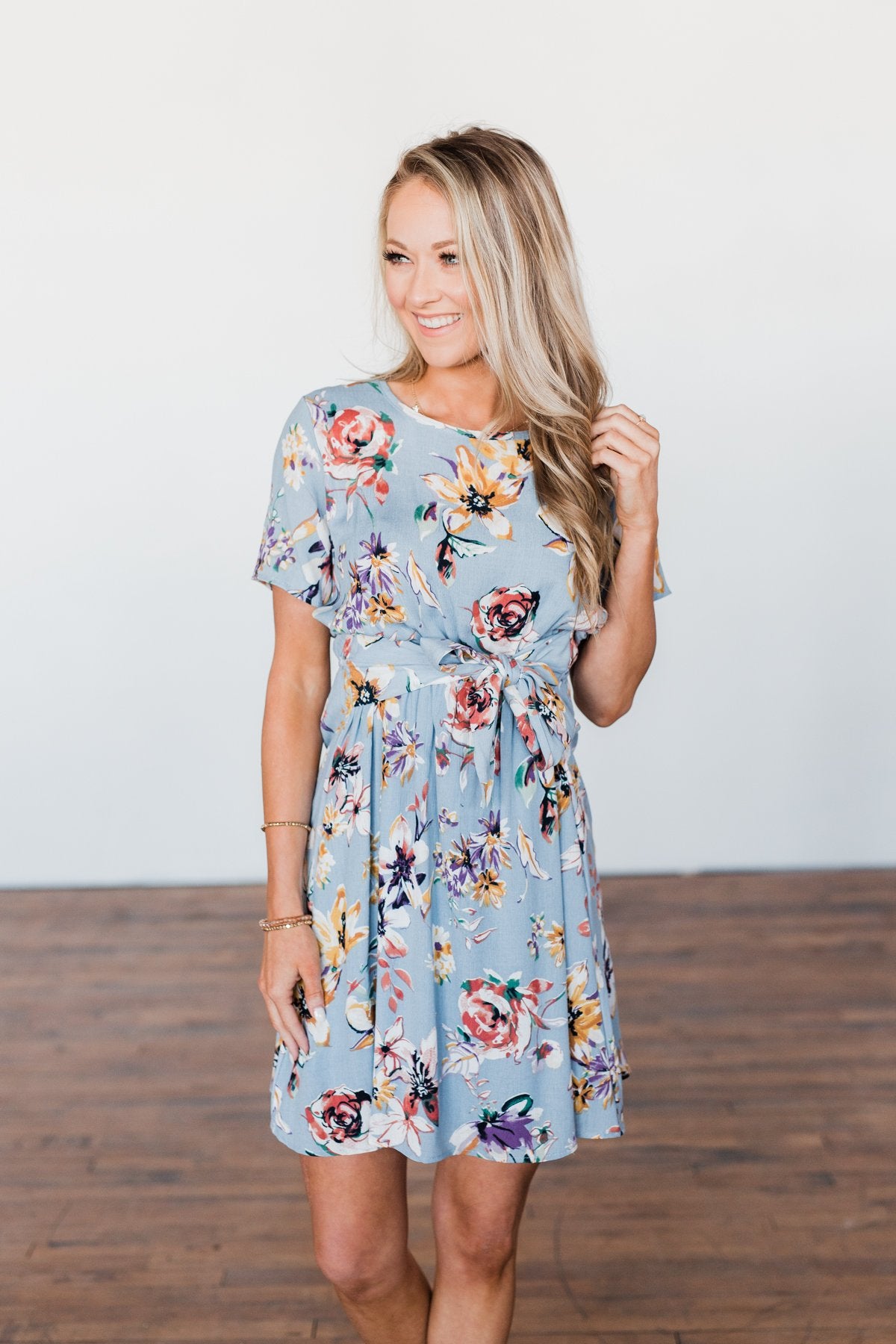 Doing Something Right Floral Dress- Dusty Blue – The Pulse Boutique