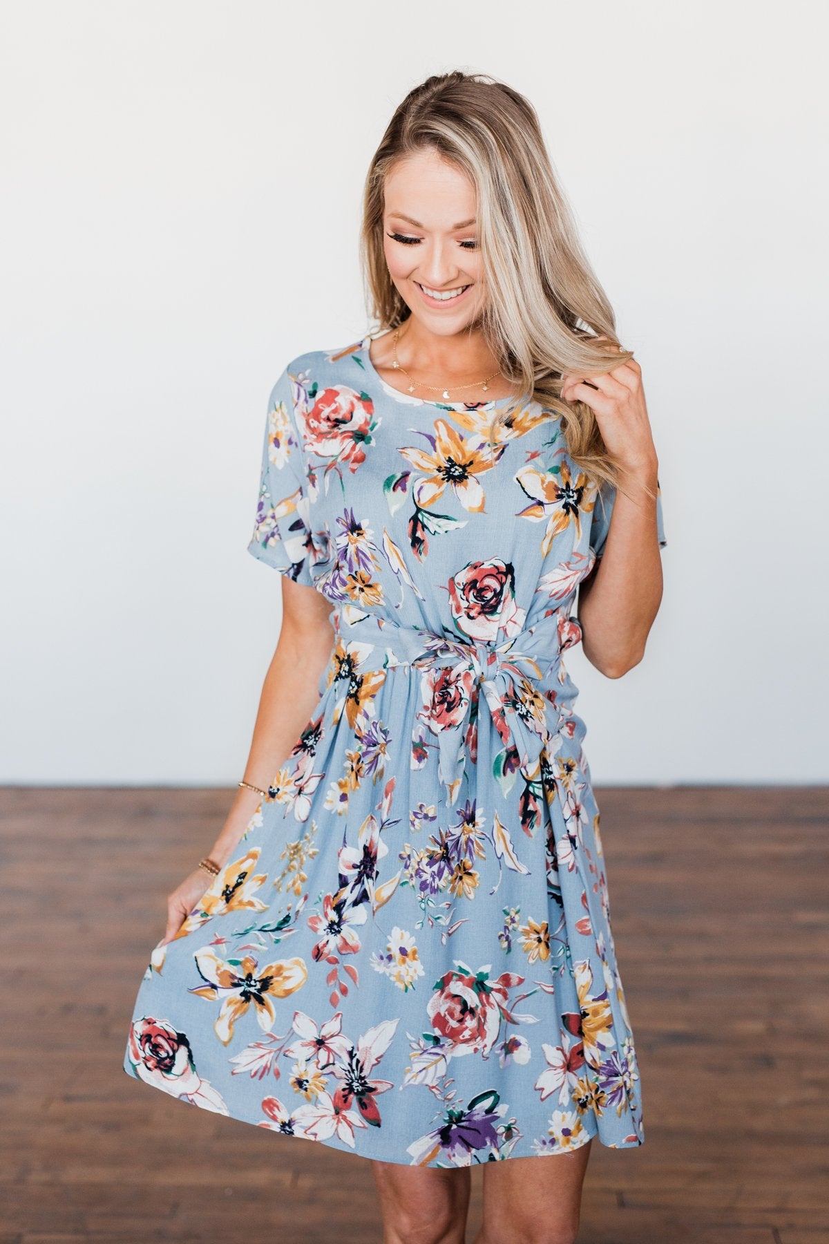 Doing Something Right Floral Dress- Dusty Blue – The Pulse Boutique