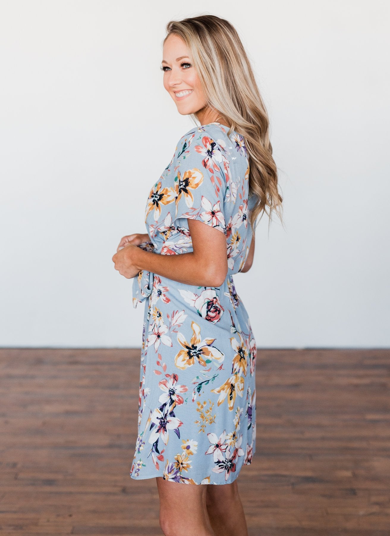 Doing Something Right Floral Dress- Dusty Blue – The Pulse Boutique