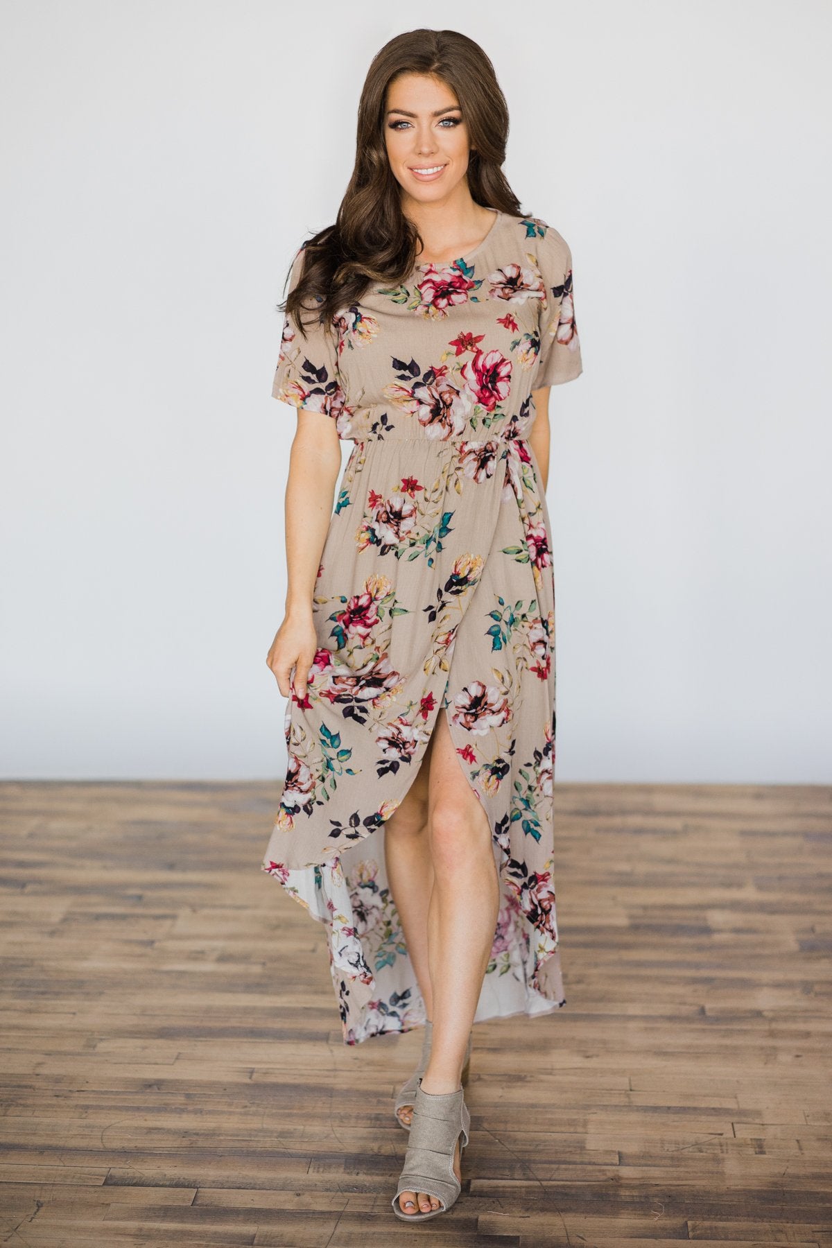 taupe floral dress