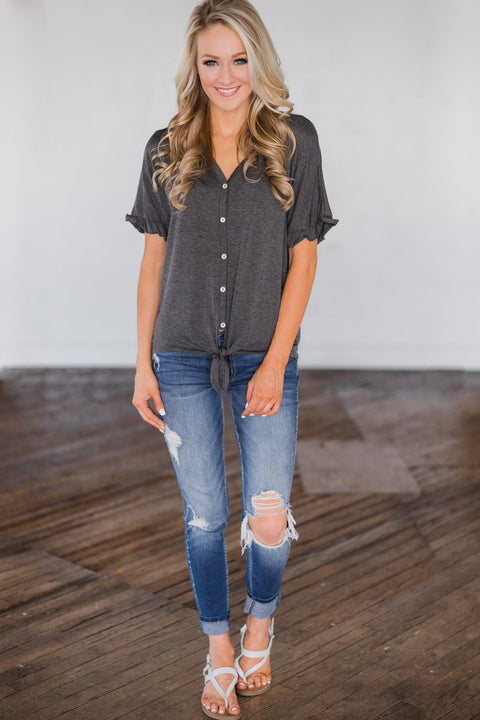 Casual and Comfy Tie Top- Charcoal – The Pulse Boutique