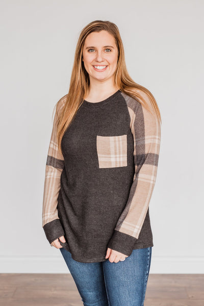 Late Nights In Plaid Pocket Top- Taupe & Charcoal – The Pulse Boutique