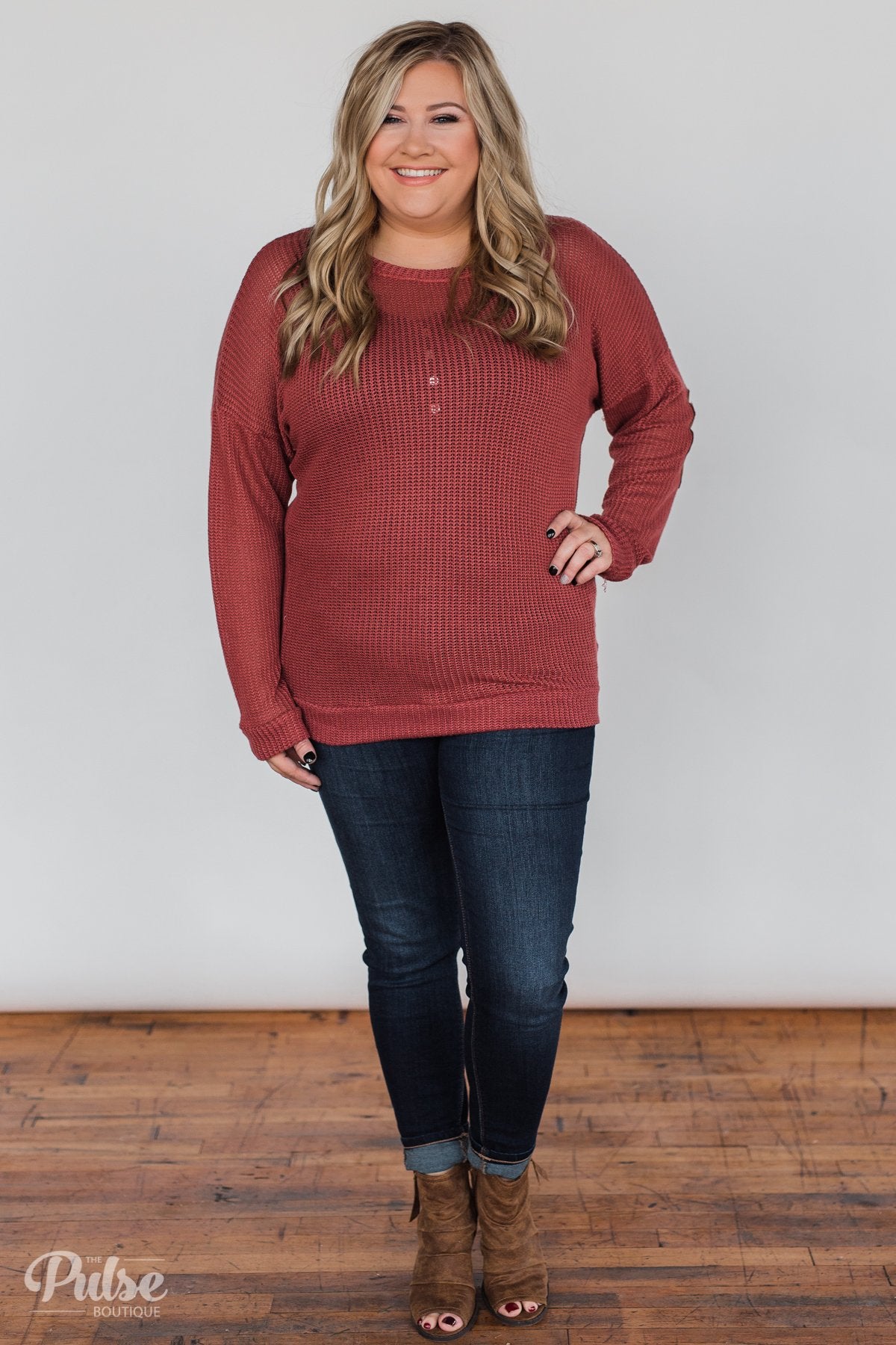Button Down Back Elbow Patch Sweater- Brick – The Pulse Boutique